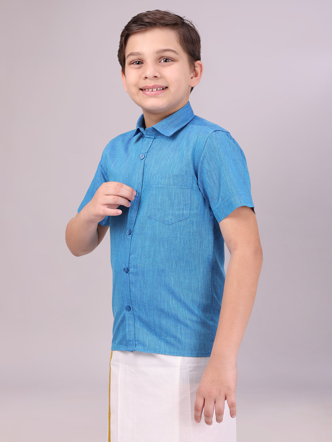 Boys Cotton Blue Colour Half Sleeves Shirt side pose