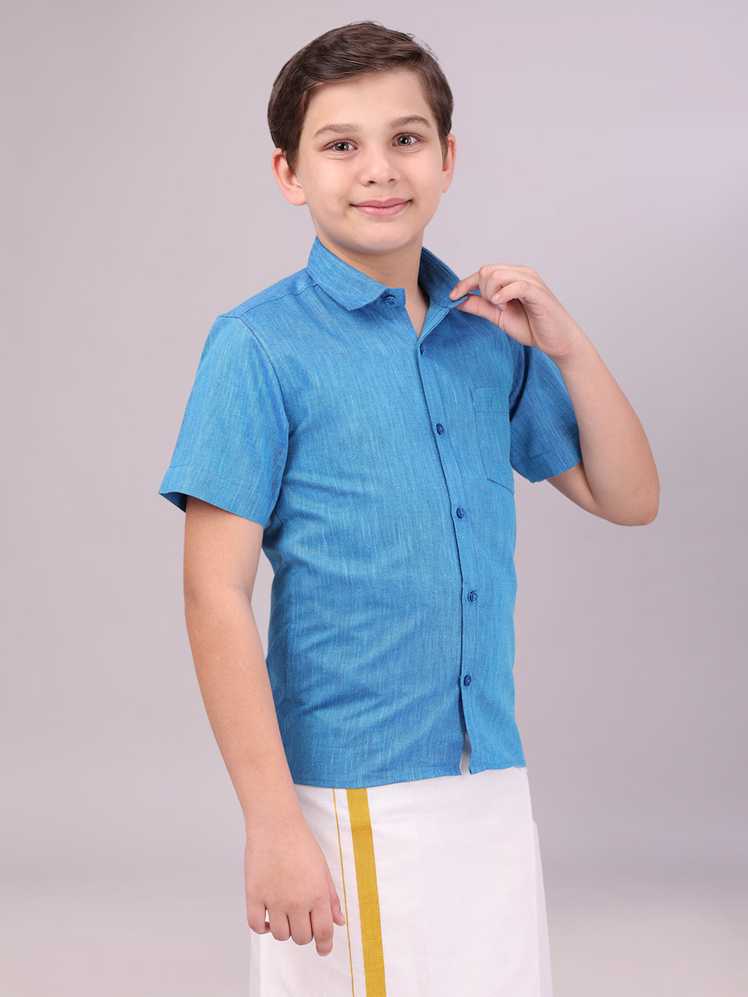 Boys Cotton Blue Colour Half Sleeves Shirt side pose