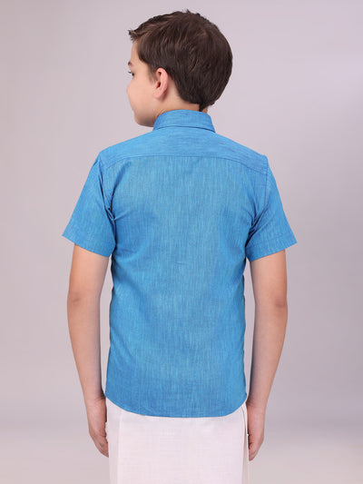 Boys Cotton Blue Colour Half Sleeves Shirt back pose