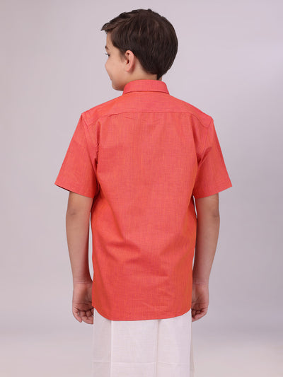 Boys Cotton Brick Colour Half Sleeves Shirt back pose