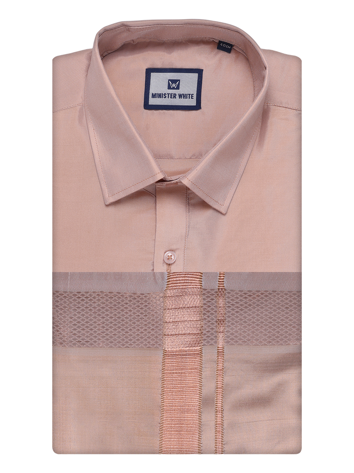 Mens Art Silk Light Copper Full Sleeves Shirt with Copper Jari Border Dhoti Combo Finesse by Minister White