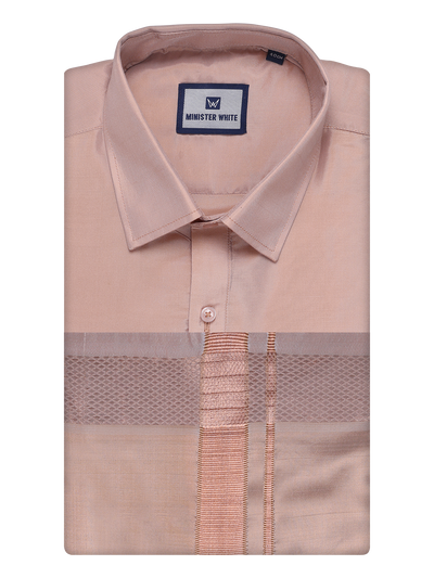 Mens Art Silk Light Copper Full Sleeves Shirt with Copper Jari Border Dhoti Combo Finesse by Minister White