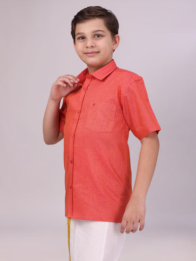 Boys Cotton Brick Colour Half Sleeves Shirt side pose