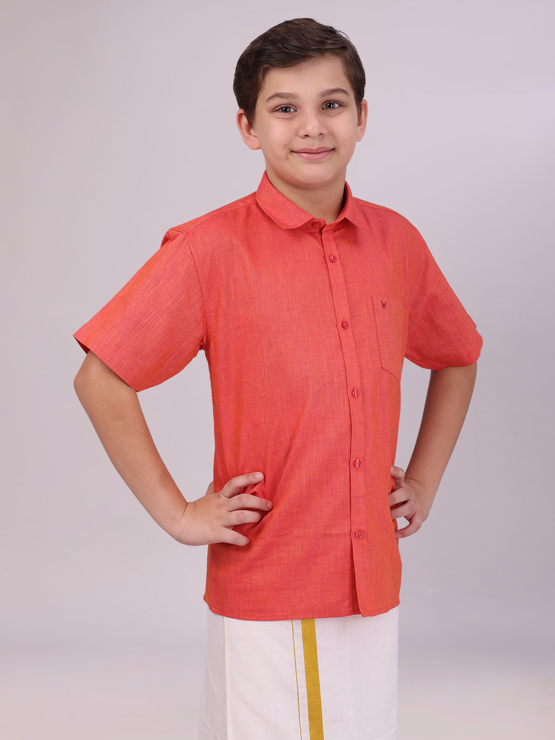 Boys Cotton Brick Colour Half Sleeves Shirt front pose