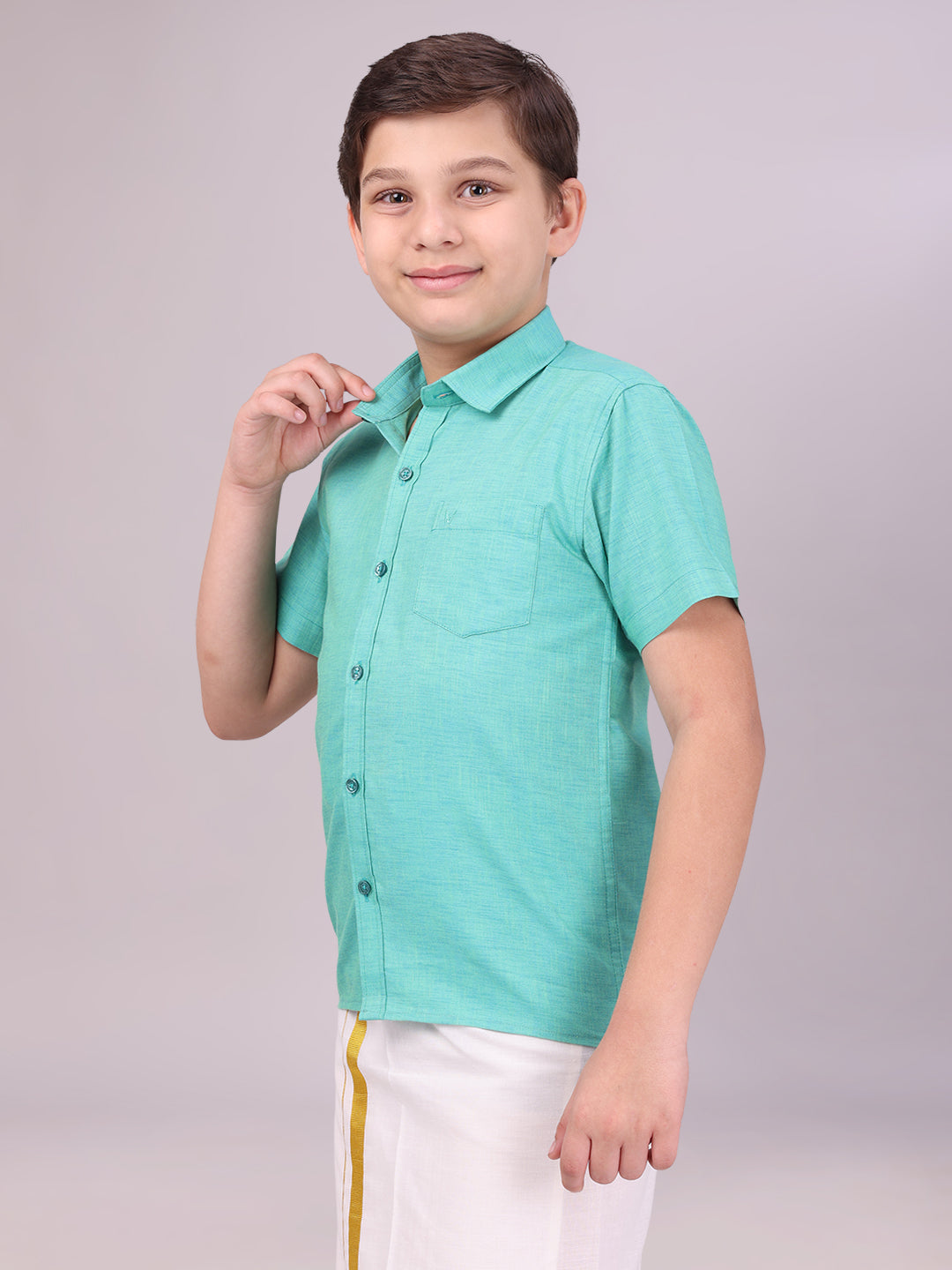 Boys Cotton Sky Blue Colour Half Sleeves Shirt side pose