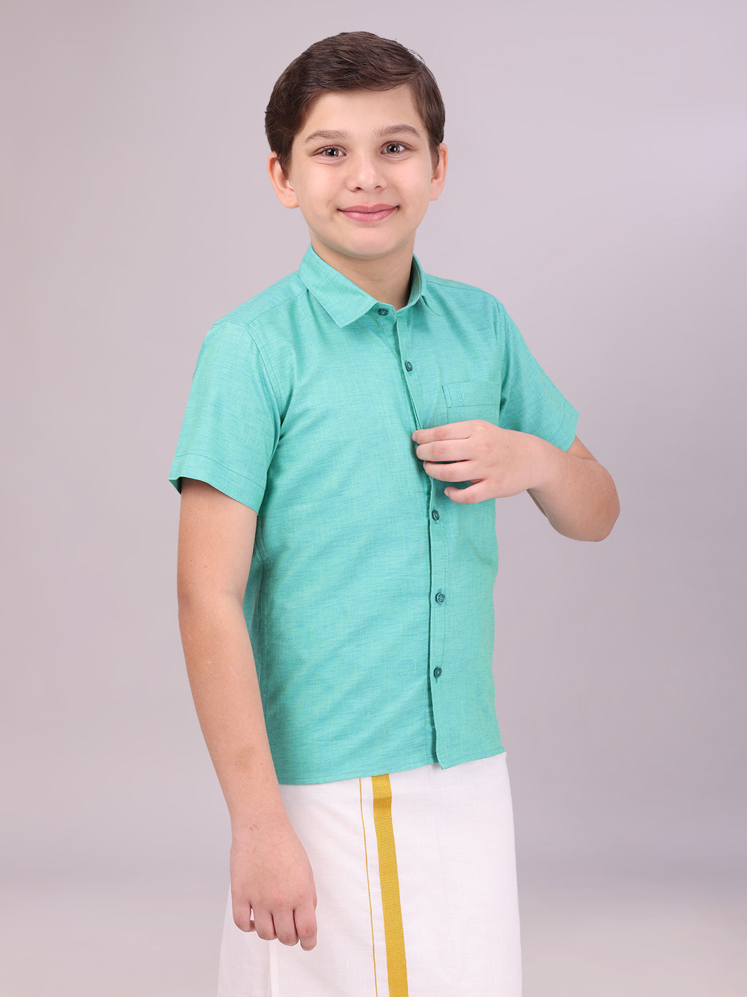 Boys Cotton Sky Blue Colour Half Sleeves Shirt side pose