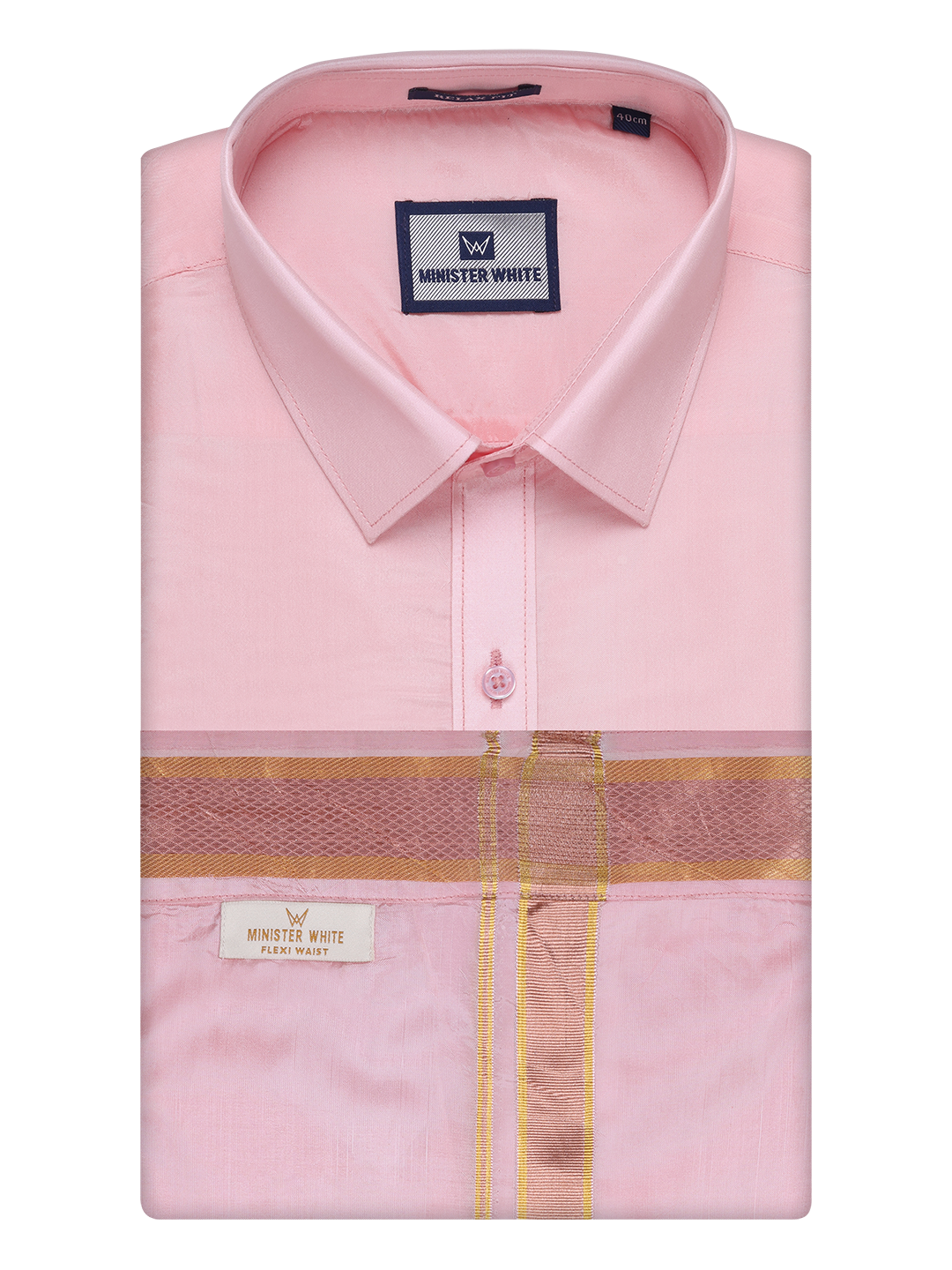 Men's Art Silk Pink Full Sleeves Shirt with Copper Jari Border Flexi Dhoti Combo Finesse
