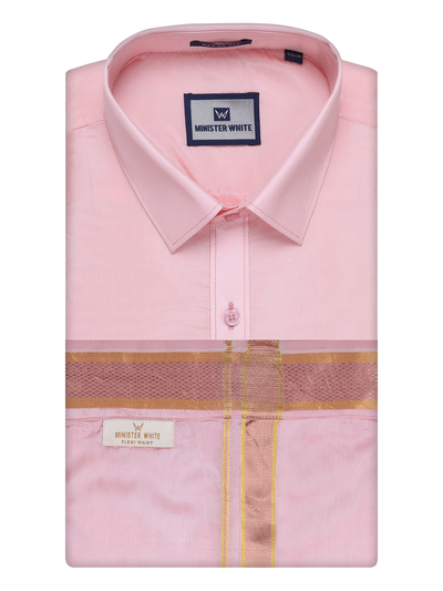 Men's Art Silk Pink Full Sleeves Shirt with Copper Jari Border Flexi Dhoti Combo Finesse