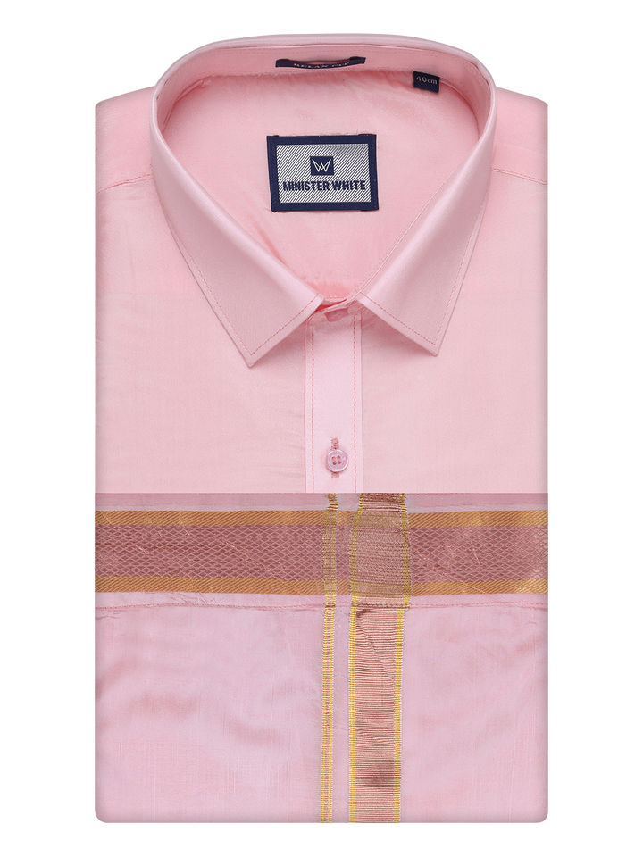 Men's Art Silk Pink Full Sleeves Shirt with Copper Jari Border Dhoti Combo Finesse 