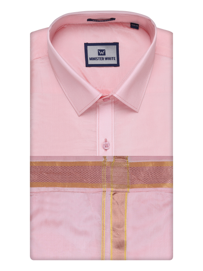 Men's Art Silk Pink Full Sleeves Shirt with Copper Jari Border Dhoti Combo Finesse 