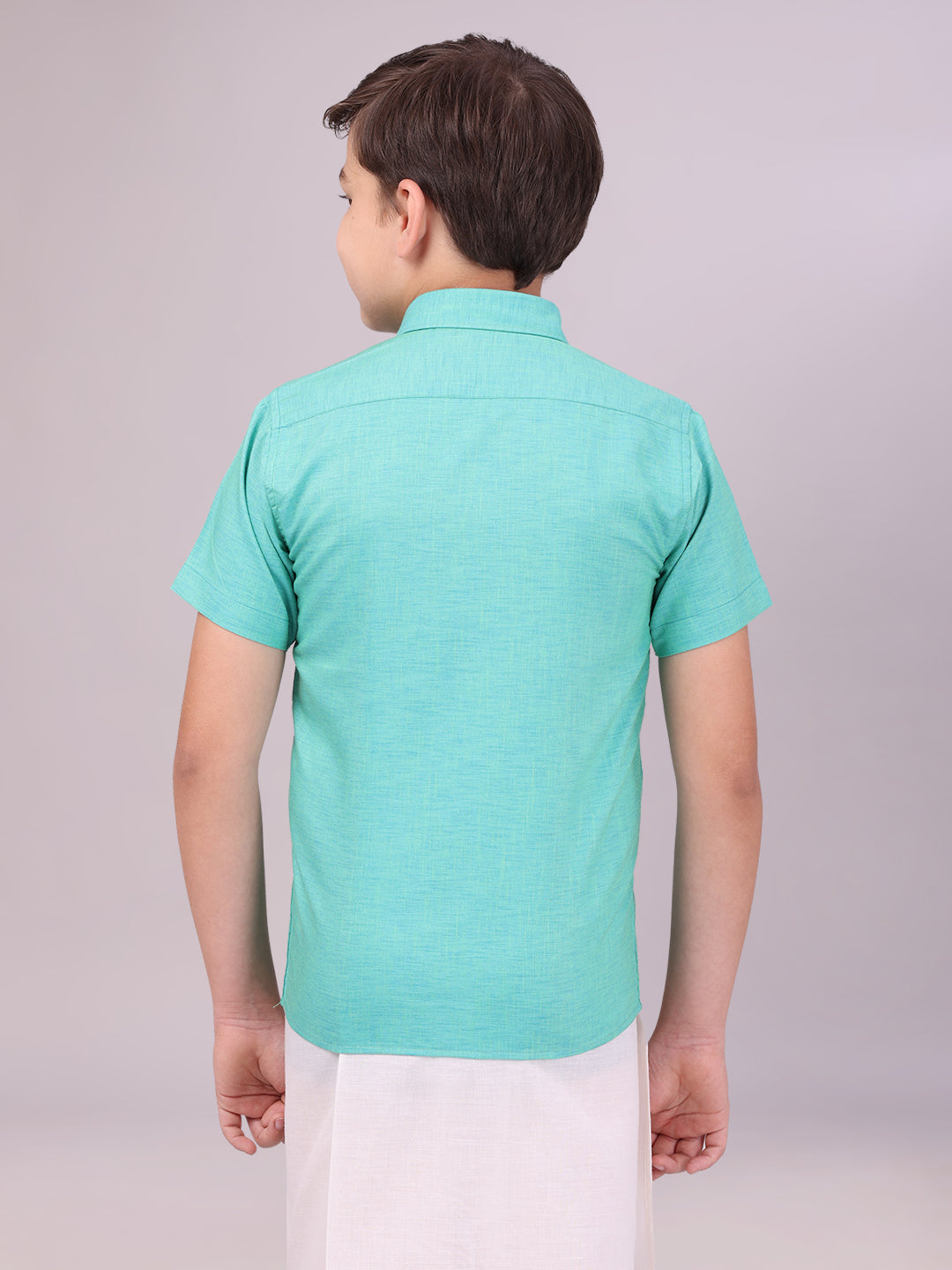 Boys Cotton Sky Blue Colour Half Sleeves Shirt back pose