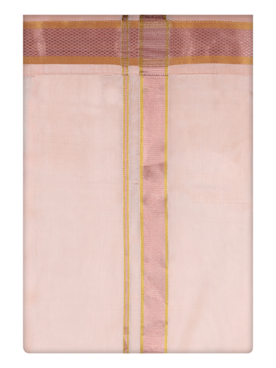 Mens Art Silk Light Peach Full Sleeves Shirt with Copper Jari Border Dhoti Combo Finesse