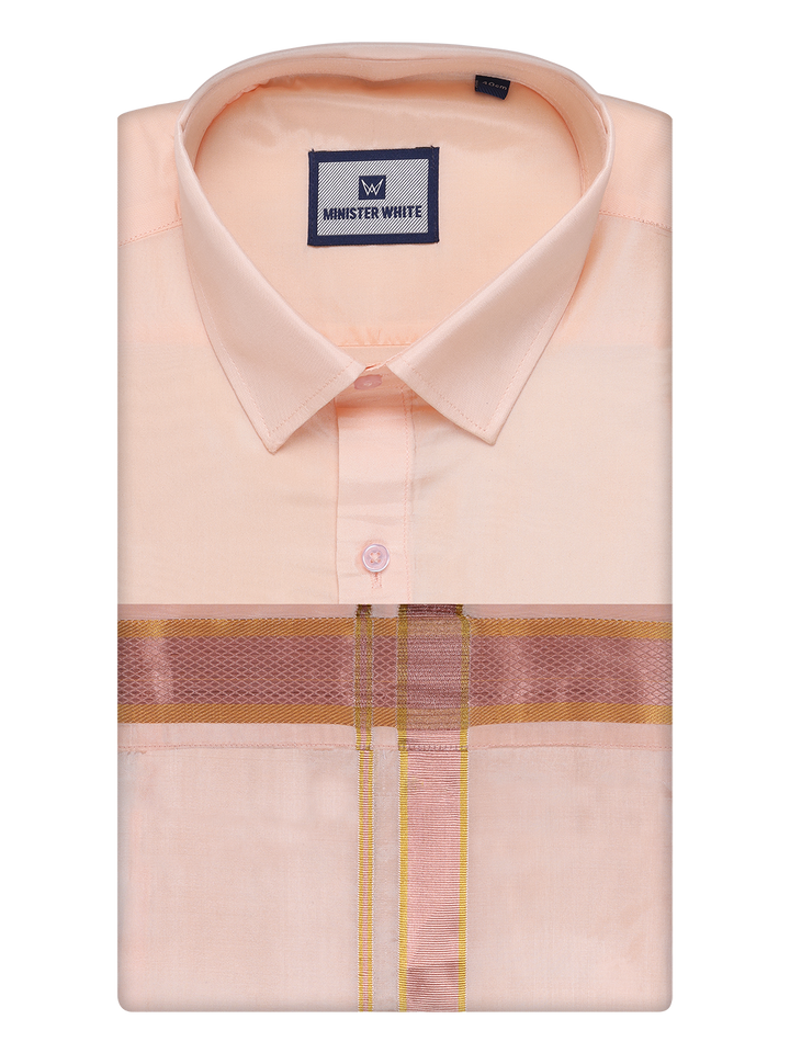 Men's Art Silk Light Peach Full Sleeves Shirt with Copper Jari Border Dhoti Combo Finesse