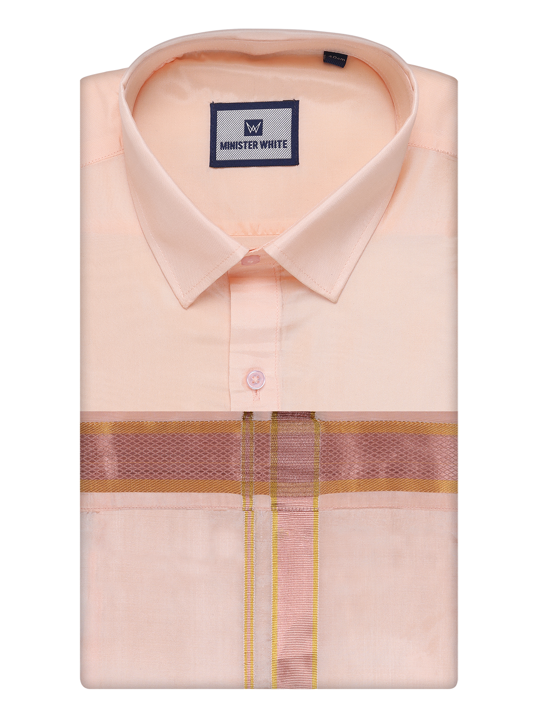 Mens Art Silk Light Peach Full Sleeves Shirt with Copper Jari Border Dhoti Combo Finesse