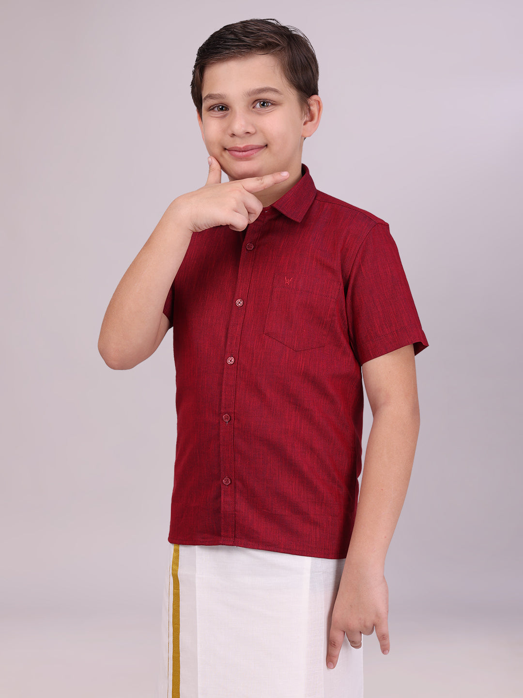 Boys Cotton Maroon Colour Half Sleeves Shirt side pose