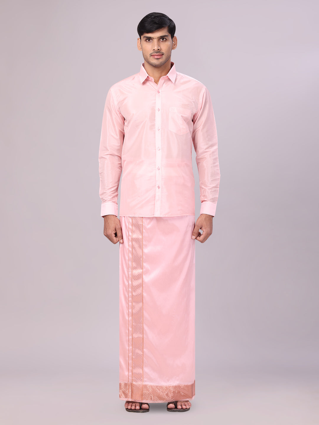 Mens Art Silk Pink Full Sleeves Shirt with 3" Lt.Copper Jari Border Dhoti Combo Haldi