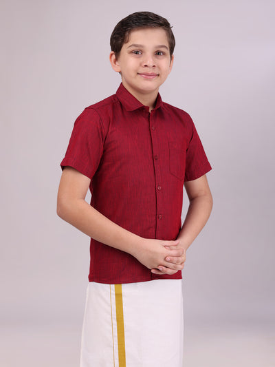 Boys Cotton Maroon Colour Half Sleeves Shirt front pose