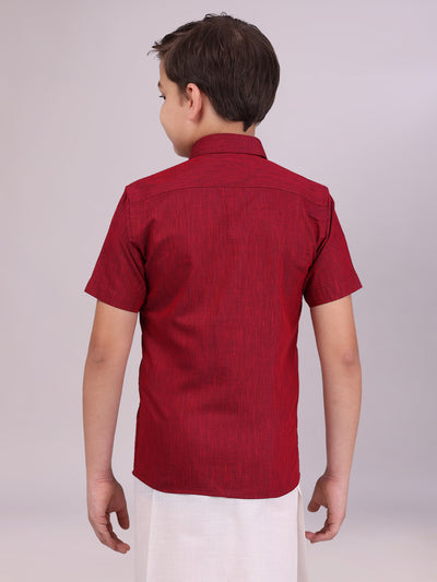 Boys Cotton Maroon Colour Half Sleeves Shirt back pose