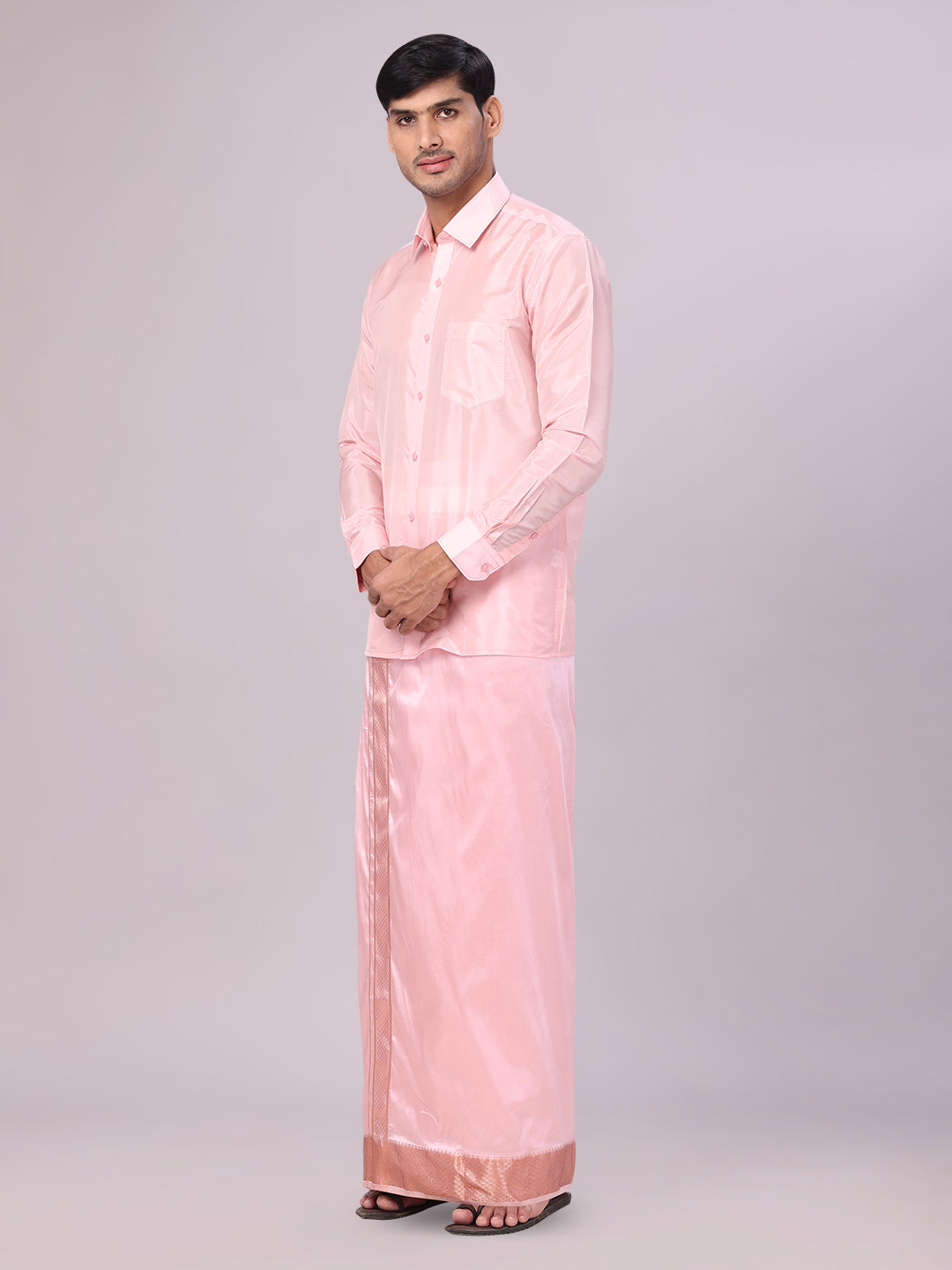 Mens Art Silk Pink Full Sleeves Shirt with 3" Lt.Copper Jari Border Dhoti Combo Haldi