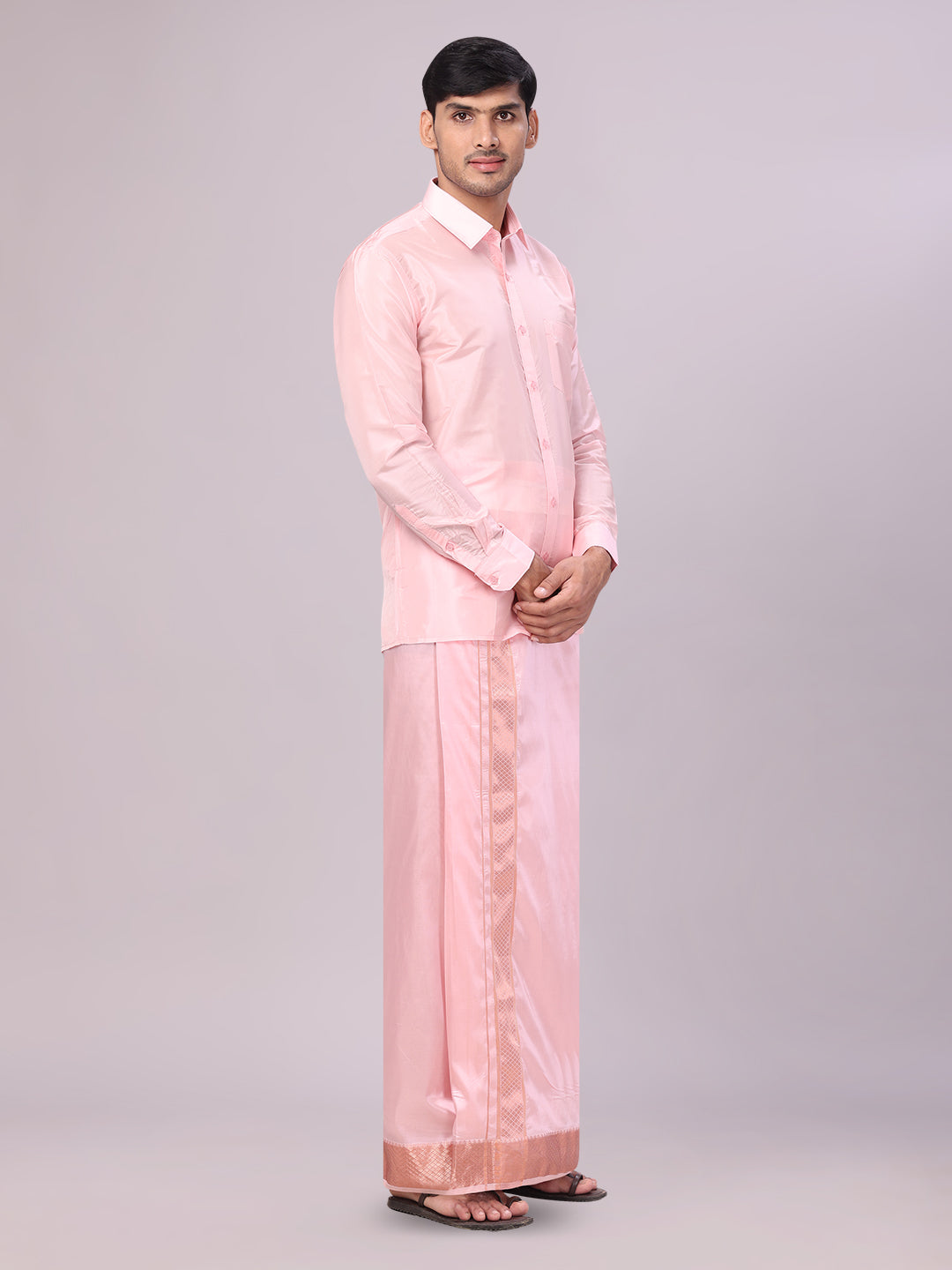 Men's Art Silk Pink Full Sleeves Shirt with 3" Lt.Copper Jari Border Dhoti Combo Haldi side pose