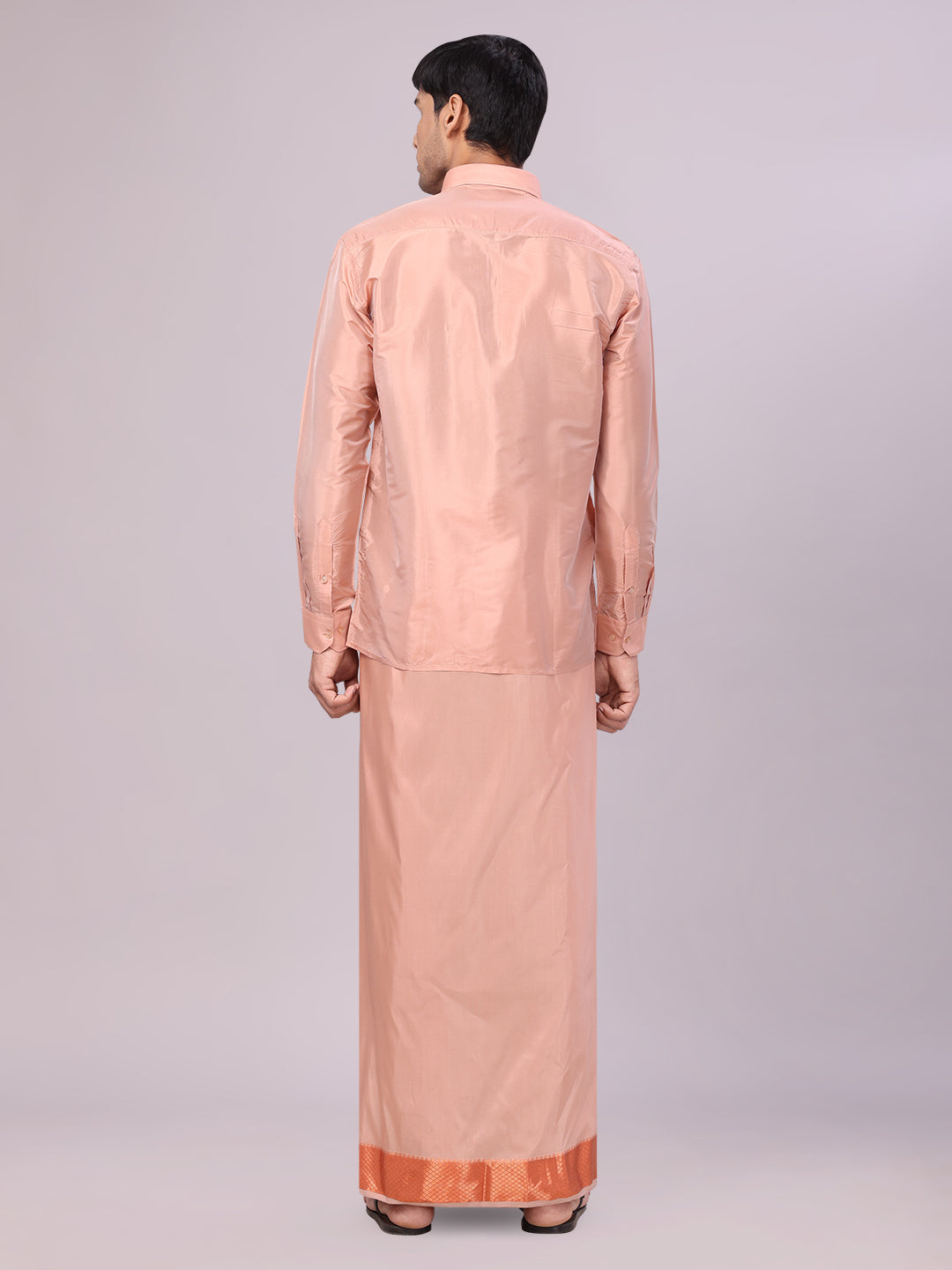 Mens Art Silk Dark Copper  Full Sleeves Shirt with 3" Copper Jari Border Dhoti Combo Haldi