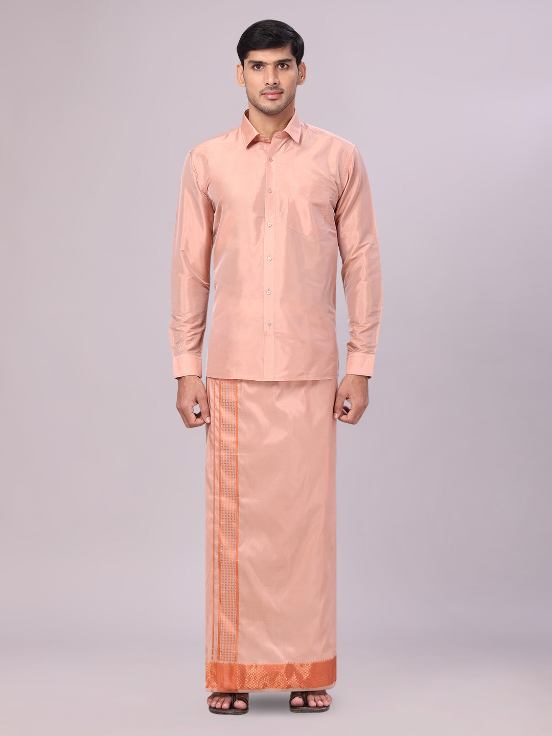 Men's Art Silk Dark Copper Full Sleeves Shirt with 3" Copper Jari Border Dhoti Combo Haldi