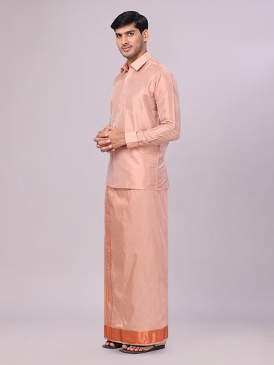 Men's Art Silk Dark Copper Full Sleeves Shirt with 3" Copper Jari Border Dhoti Combo Haldi side pose