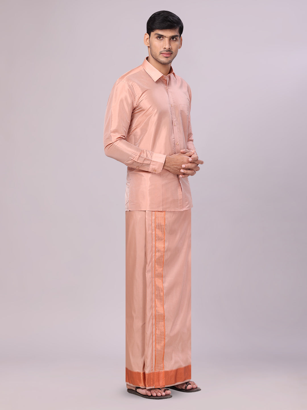 Men's Art Silk Dark Copper Full Sleeves Shirt with 3" Copper Jari Border Dhoti Combo Haldi side pose