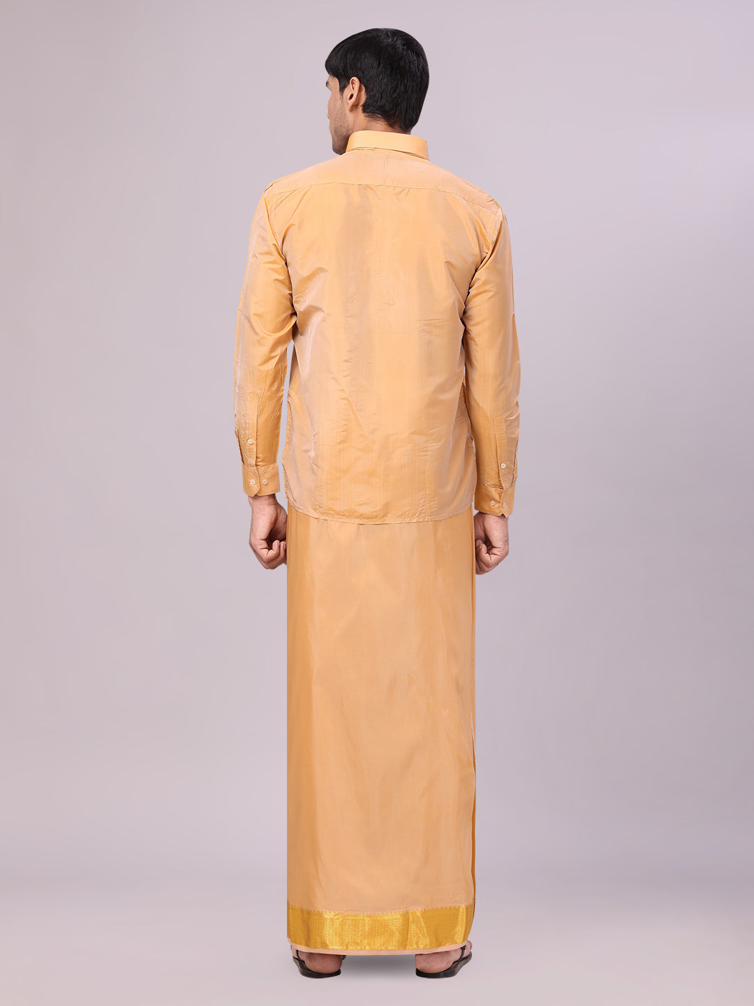 Men's Art Silk Dark Gold Full Sleeves Shirt with 3" Gold Jari Border Dhoti Combo Haldi back pose
