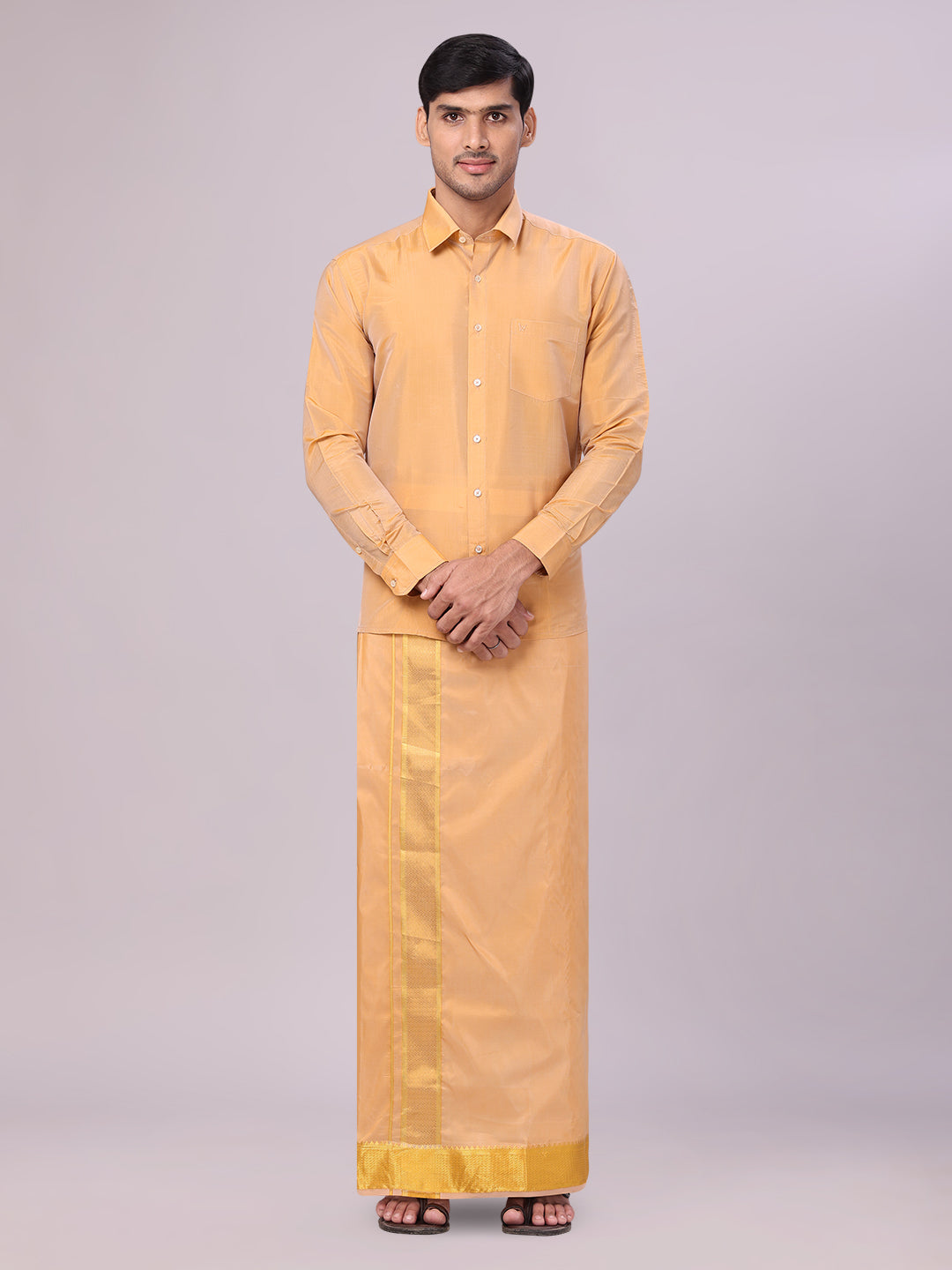 Men's Art Silk Dark Gold Full Sleeves Shirt with 3" Gold Jari Border Dhoti Combo Haldi