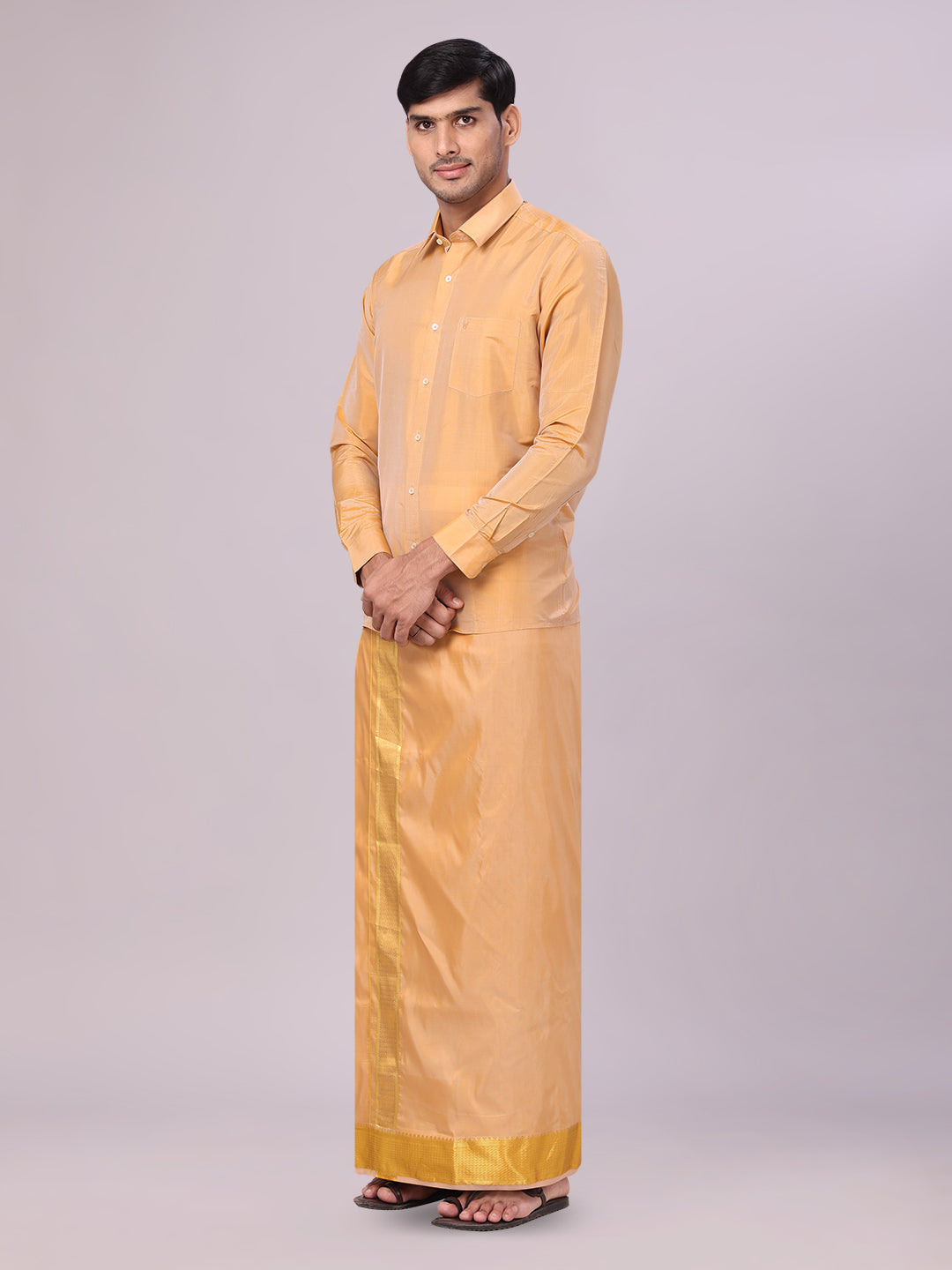Men's Art Silk Dark Gold Full Sleeves Shirt with 3" Gold Jari Border Dhoti Combo Haldi side pose