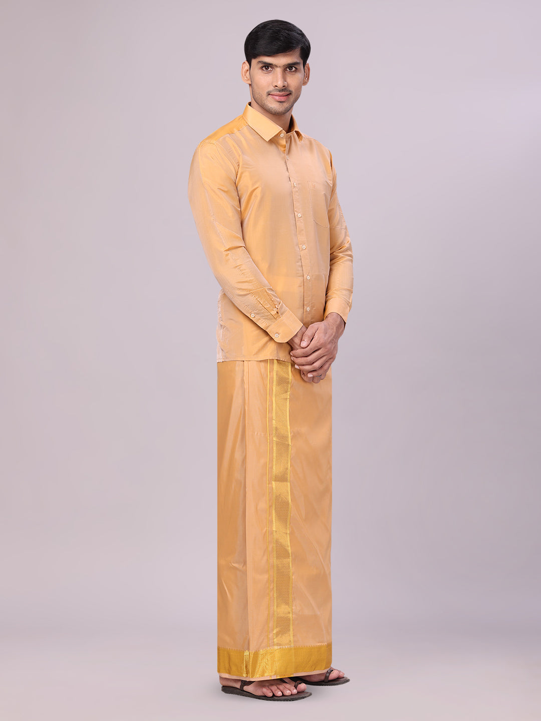 Men's Art Silk Dark Gold Full Sleeves Shirt with 3" Gold Jari Border Dhoti Combo Haldi side pose