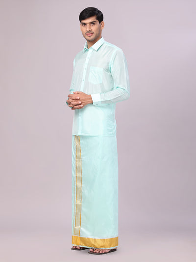 Mens Art Silk Mint Gold  Full Sleeves Shirt with 3" Gold Jari Border Dhoti Combo Haldi