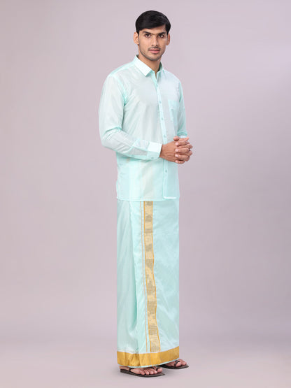 Men's Art Silk Mint Gold Full Sleeves Shirt with 3" Gold Jari Border Dhoti Combo Haldi