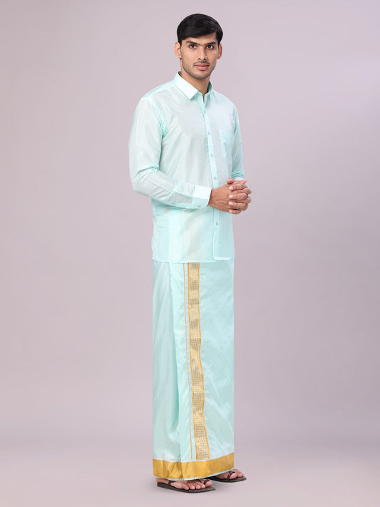Men's Art Silk Mint Gold Full Sleeves Shirt with 3" Gold Jari Border Dhoti Combo Haldi