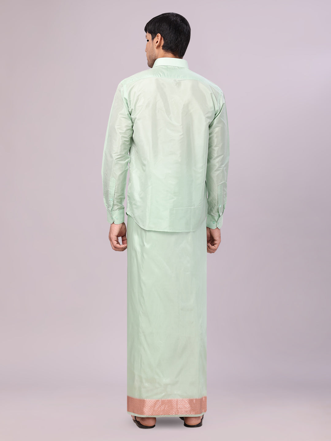 Men's Art Silk Pista Full Sleeves Shirt with 3 1/2" Lt.Copper Jari Border Dhoti Combo Haldi back pose