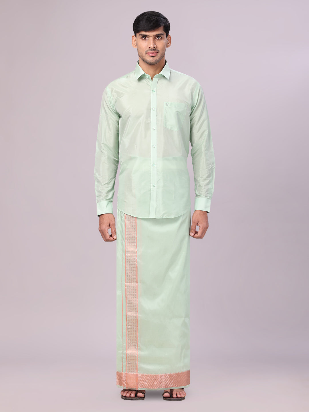 Men's Art Silk Pista Full Sleeves Shirt with 3 1/2" Lt.Copper Jari Border Dhoti Combo Haldi