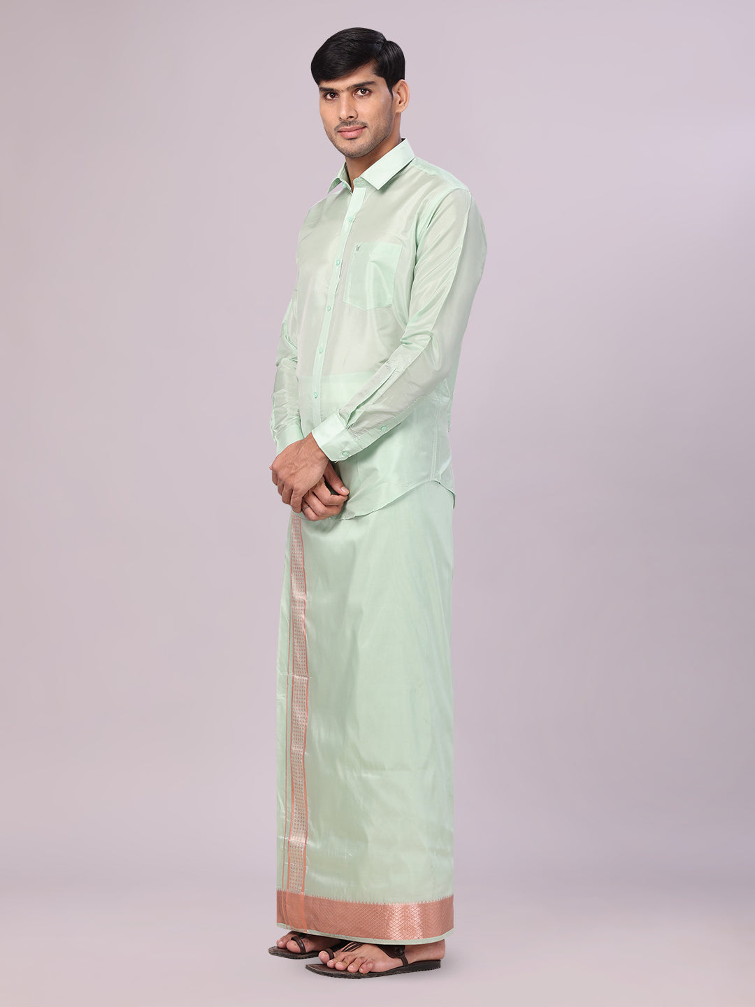 Men's Art Silk Pista Full Sleeves Shirt with 3 1/2" Lt.Copper Jari Border Dhoti Combo Haldi side pose