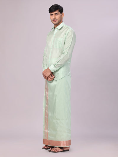 Mens Art Silk Pista Full Sleeves Shirt with 3 1/2" Lt.Copper Jari Border Dhoti Combo Haldi