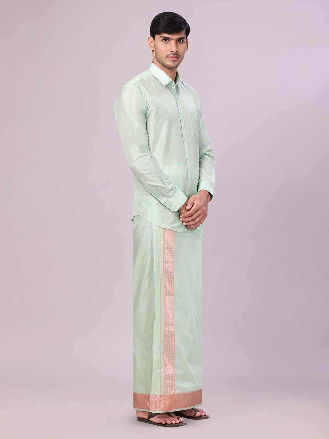 Mens Art Silk Pista Full Sleeves Shirt with 3 1/2" Lt.Copper Jari Border Dhoti Combo Haldi