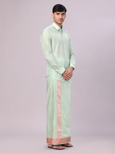 Men's Art Silk Pista Full Sleeves Shirt with 3 1/2" Lt.Copper Jari Border Dhoti Combo Haldi side pose