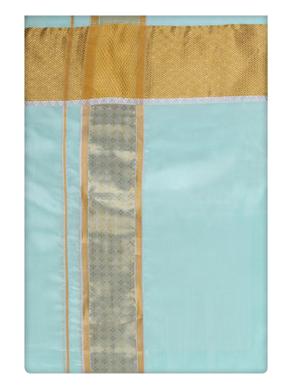 Mens Art Silk Mint Gold Color Dhoti with 3" Jari Border by Minister White