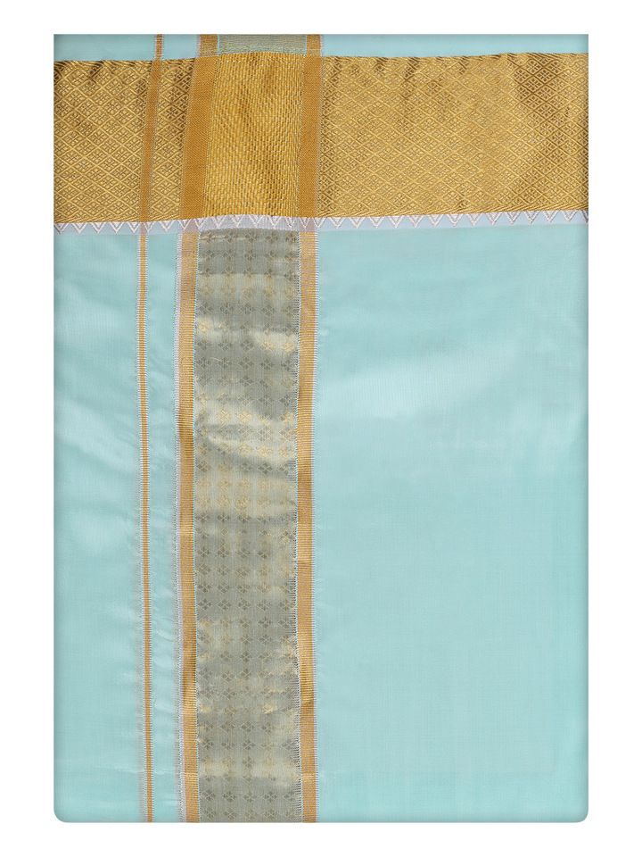 Mens Art Silk Mint Gold Color Dhoti with 3" Jari Border by Minister White