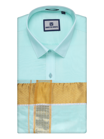 Mens Art Silk Mint Gold Full Sleeves Shirt with 3" Gold Jari Border Dhoti Combo Haldi by Minister White