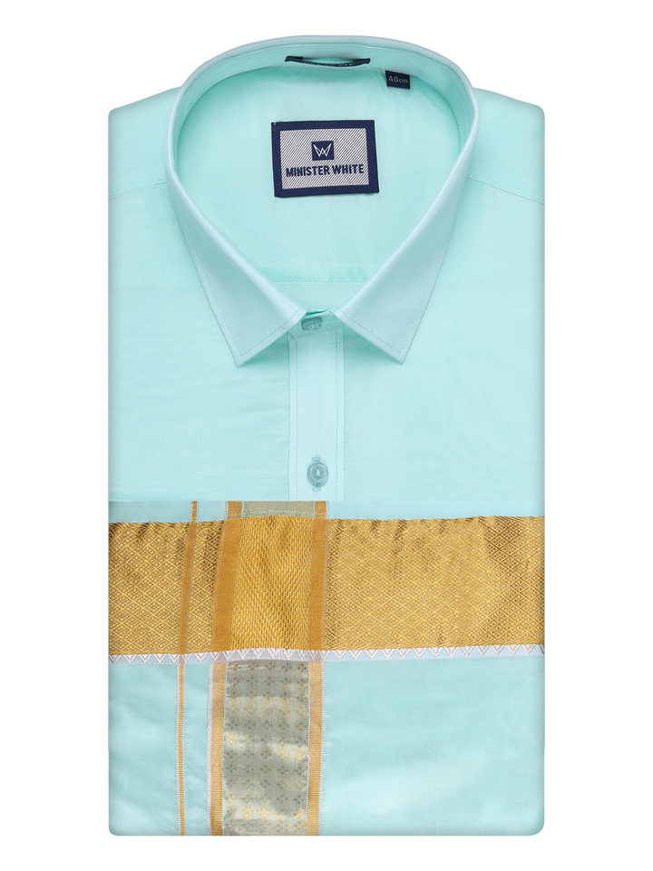 Mens Art Silk Mint Gold Full Sleeves Shirt with 3" Gold Jari Border Dhoti Combo Haldi by Minister White