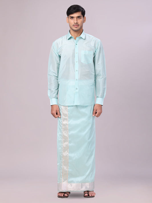 Men's Art Silk Sea Green Jacquard Full Sleeves Shirt with 3" Silver Jari Border Dhoti Combo Mangal