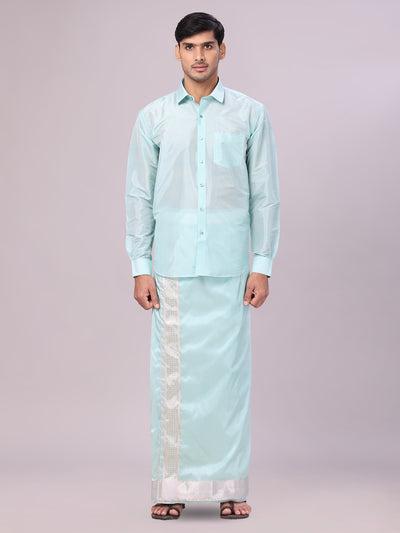 Men's Art Silk Sea Green Jacquard Full Sleeves Shirt with 3" Silver Jari Border Dhoti Combo Mangal