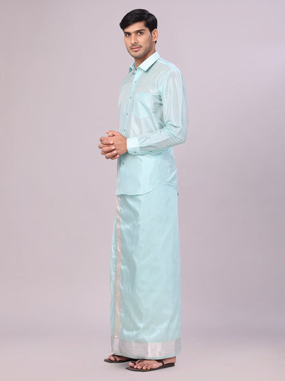 Men's Art Silk Sea Green Jacquard Full Sleeves Shirt with 3" Silver Jari Border Dhoti Combo Mangal