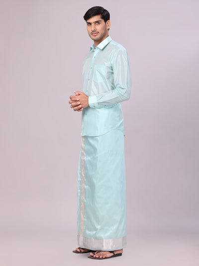 Men's Art Silk Sea Green Jacquard Full Sleeves Shirt with 3" Silver Jari Border Dhoti Combo Mangal