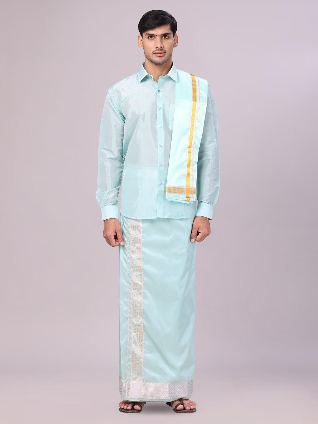 Men's Art Silk Sea Green Jacquard Full Sleeves Shirt with 3" Gold Jari Border Dhoti & Towel Combo Mangal